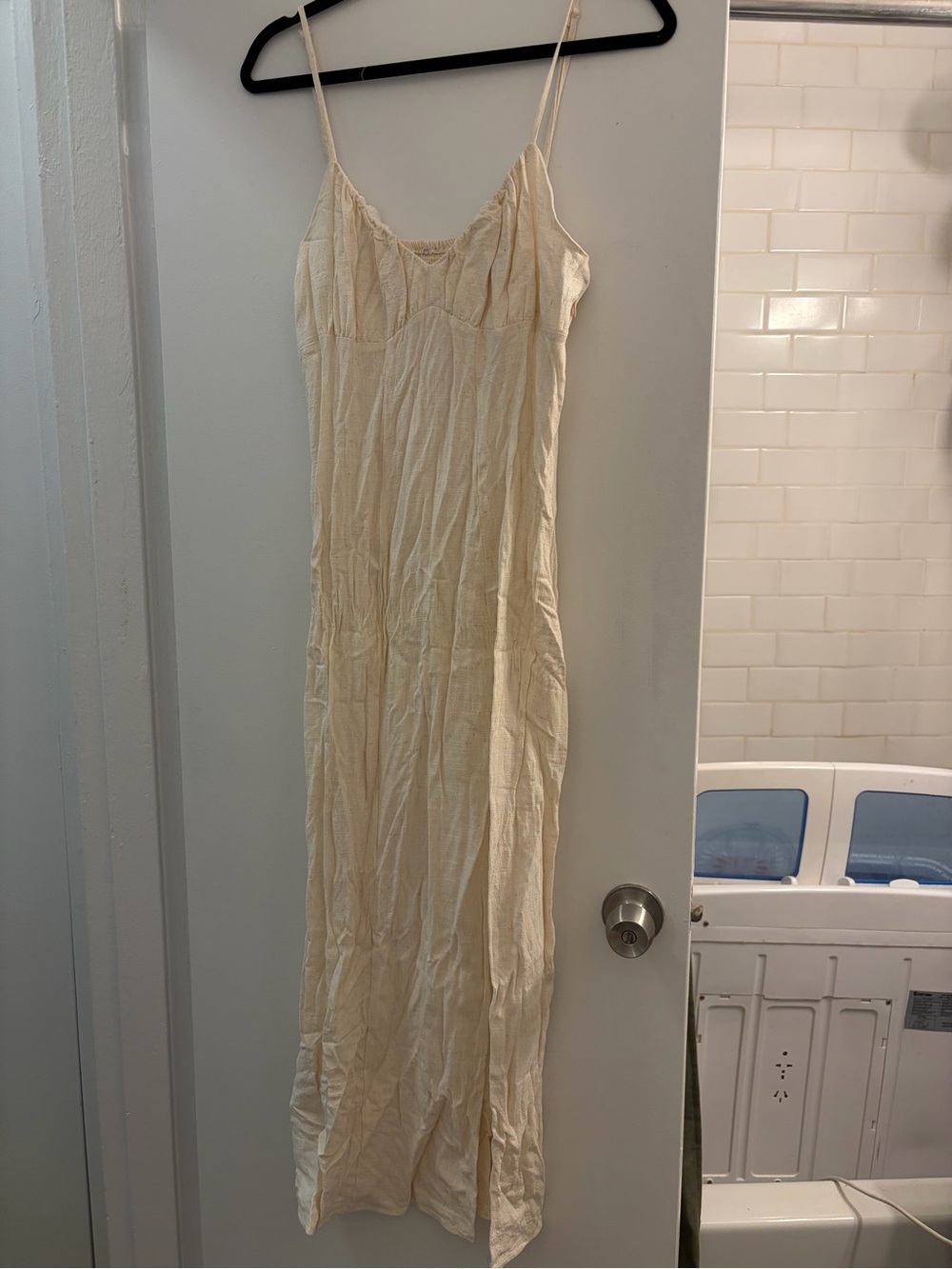 Cream Linen Slip Dress with Spaghetti Straps